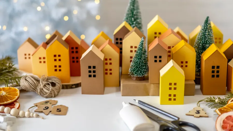 DIY paper making Christmas advent calendar. Fully recyclable holiday decor. Alternative concept christmas zero waste. Village of yellow houses