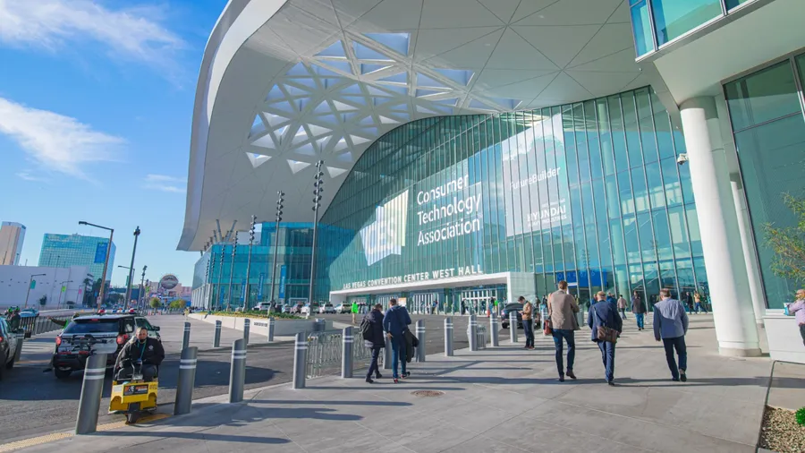 Las Vegas, NV 1-5-2022: Main entrance of Las Vegas Convention Center West Hall during CES2022. It is the first time this newly constructed wing is used for CES. Large event logo displayed on window.