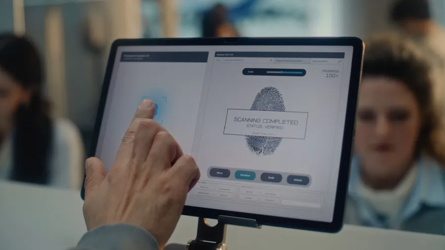 Airport Check-in Counter: Close Up of Man Putting Finger on Digital Tablet Touch Screen for Fingerprint Scanning. Female Airline Agent Checking Passenger Biometric Data for Flight. Airport Terminal.