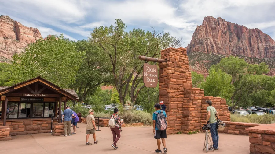 Springdale, Utah: July 24, 2017: Entrance to Zion National Park. Zion National Park was established by an act of Congress in 1919.