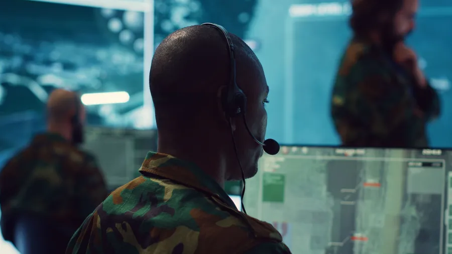 Telecommunications operator transmitting live information from satellite CCTV footage, supporting field troops with essential data. Federal agency working on reconnaissance system. Camera A.