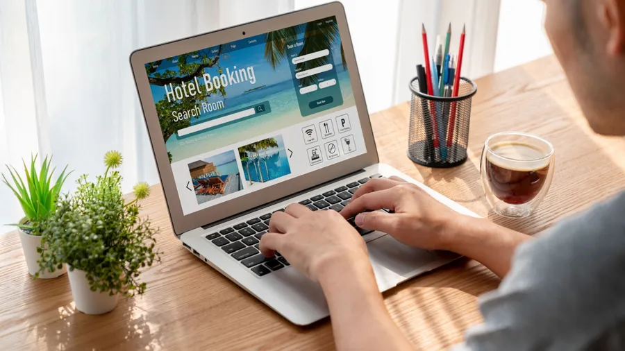 Online hotel accommodation booking website provide modish reservation system . Travel technology concept .