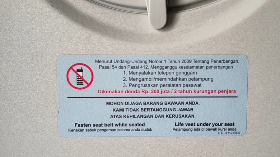 Jakarta, Indonesia, June 8, 2025. The flight rules located on the back of the passenger seats on all aircraft are read and complied with.