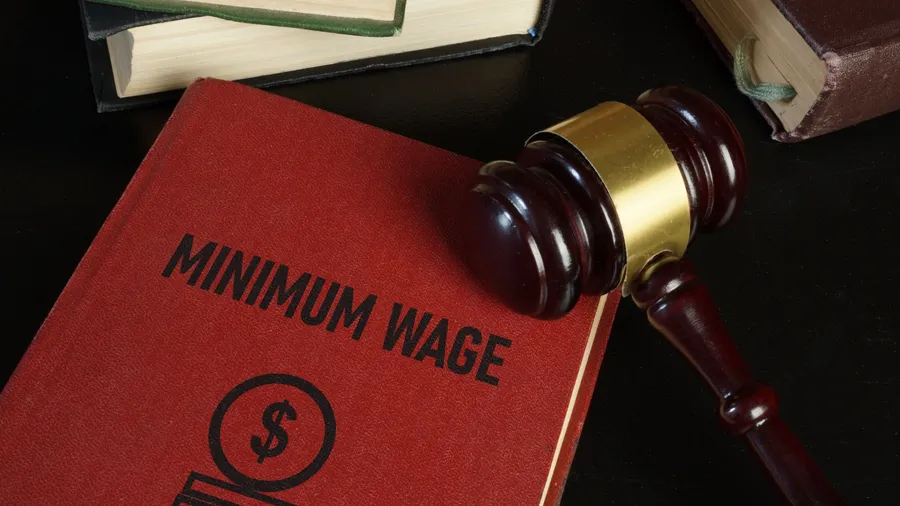 Minimum wage increase and minimum wage law are shown using a text on the book and photo of gavel