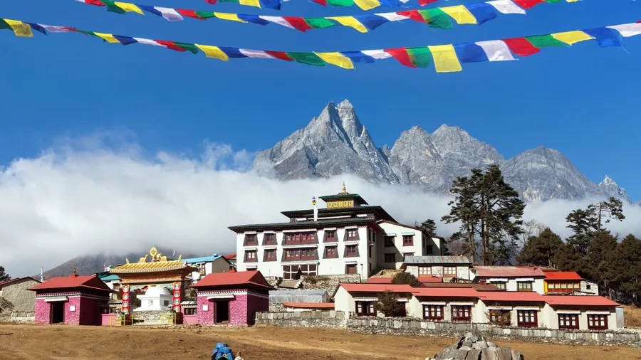 Tengboche Monastery, the best monastery in Khumbu valley with prayer flags and yaks, trek to Everest base camp, Sagarmatha national park, Solukhumbu, Nepal Himalaya mountain