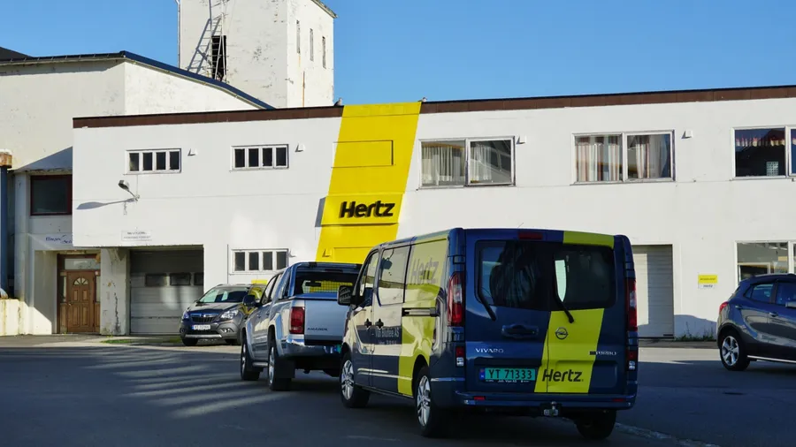 SVOLVAER, NORWAY -10 AUGUST 2016- A Hertz car rental office in Svolvaer, a fishing village and tourist town located on Austvagoya in the Lofoten Islands.