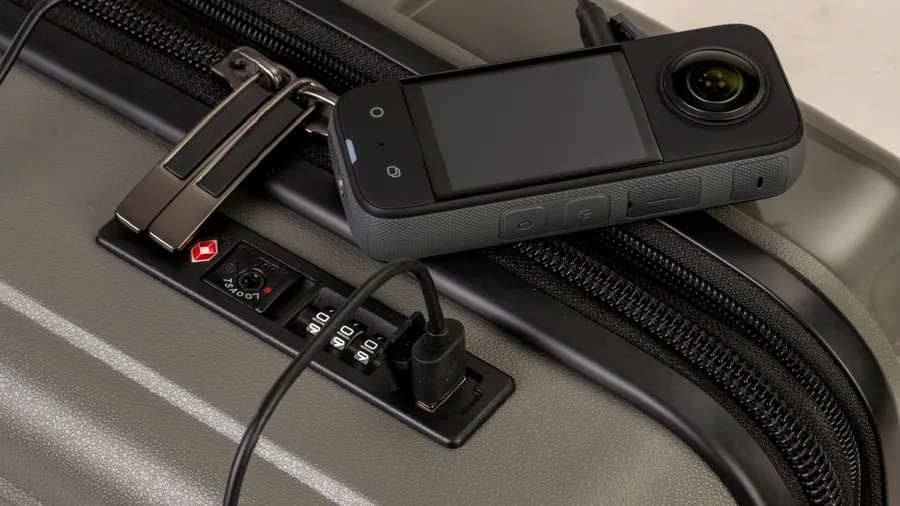 360 degree camera plug in by cable into the suitcase charger