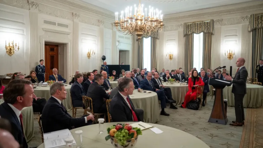 Washington DC. 2025 February 21. President Donald Trump and political advisor Stephen Miller deliver remarks at the Governors Working Session meeting at the White House, emphasizing collaboration with both Republican and Democratic state leaders.