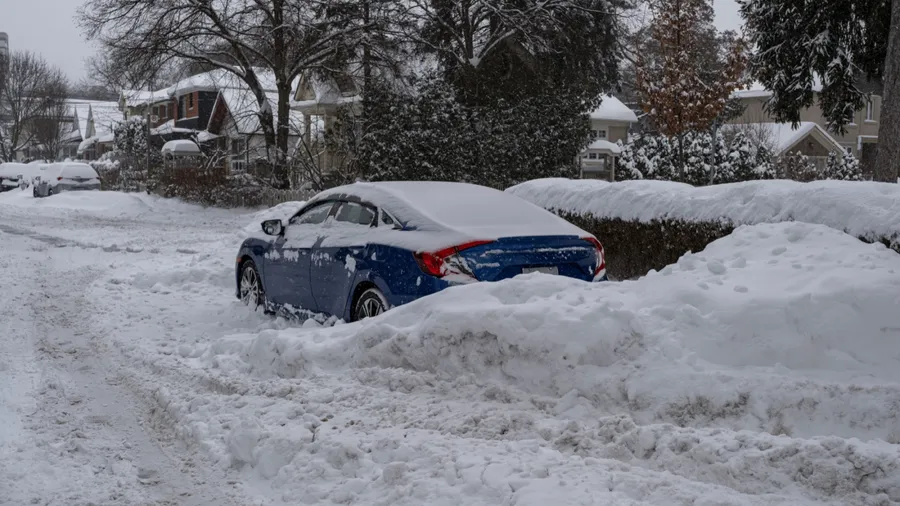 Car covered with snow and stuck on the side of the road due to large snow accumulation and heavy storm in Toronto, Ontario, Canada. Severe weather and unsafe driving condition concept..