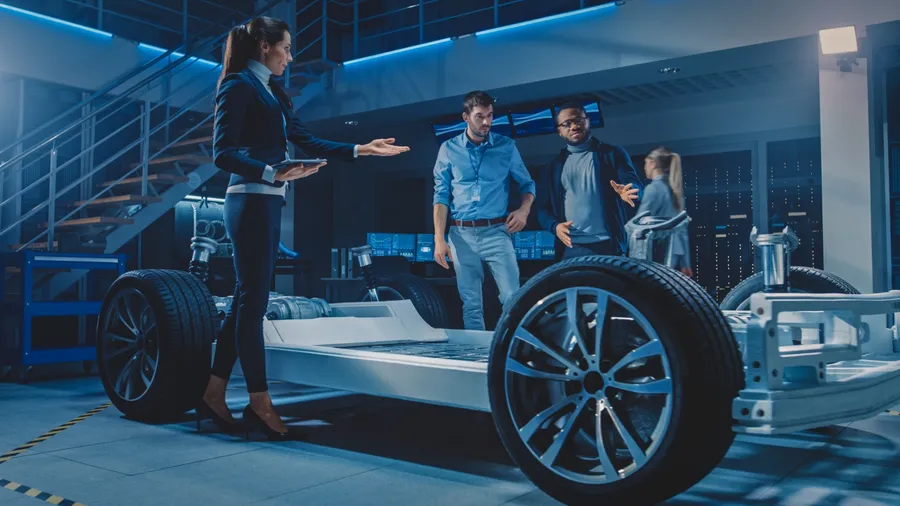 International Team of Automobile Design Engineers Talking and Designing Autonomous Electric Car. Vehicle Platform Chassis Has Wheels, Engines, Battery. Evolution of Clean Renewable Energy Efficiency
