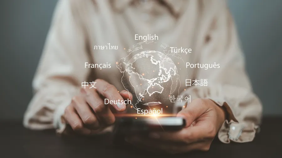 Language course and e-learning, Translator app, concept. Women use smartphone with Translator app, translation or translate on the mobile app worldwide language conversation speaking concept.