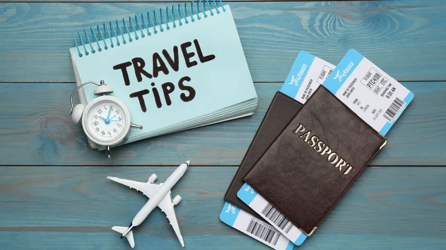Notebook with phrase Travel Tips and tourist items on light blue wooden table, flat lay