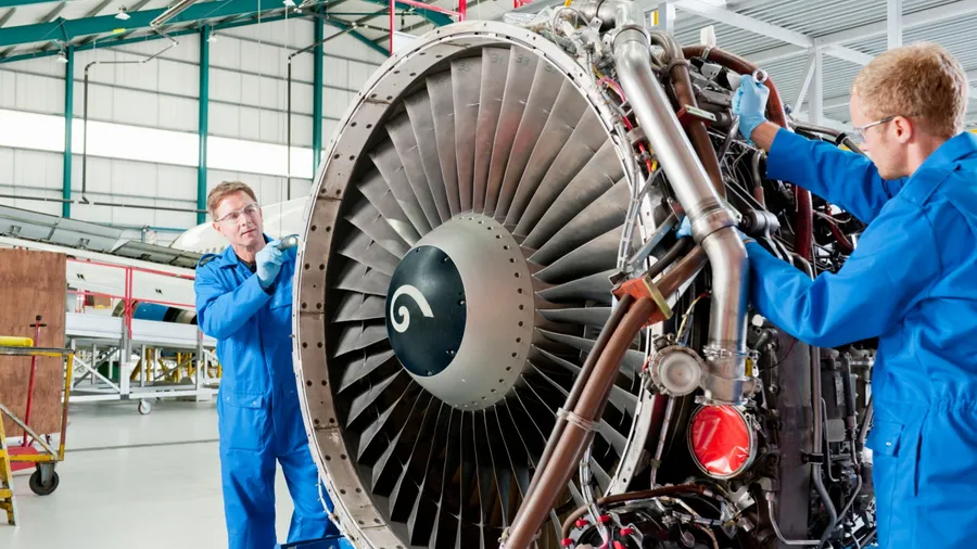 Medium shot of engineers inspecting the turbine engine of a passenger jet at a hangar.