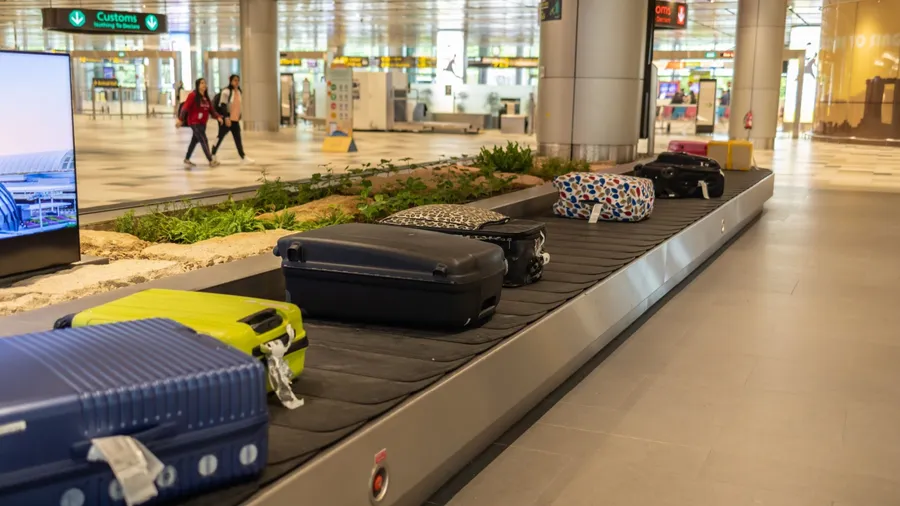 Singapore-November 09, 2022: Efficient travel: Suitcases on a conveyor belt at the airport, ready for their journey at Terminal 3, Changi Airport, Singapore