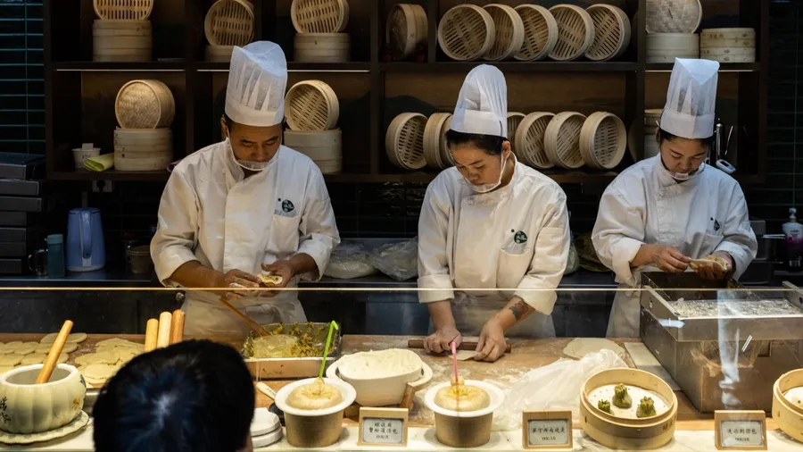 Shanghai, China - 10.19.2019: open kitchen at the dumpling restaurant