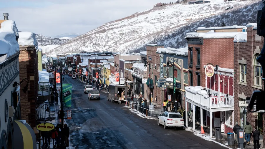 Park City, Utah - January 24, 2023: Park City's main st. from above with a view of the egyptian theatre during winter season.