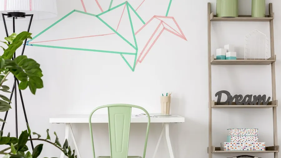 A study room with a ladder shelf, white table, chair, plant, and washi tape on the white wall.