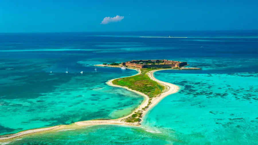 aerial view of civil war fort jefferson and gulf of