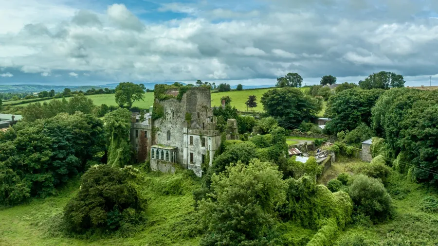 aerial view of leap castle with ruined donjon and castle