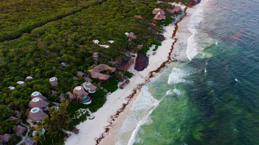 aerial view of tulum beach at sunset quintana roo mexico
