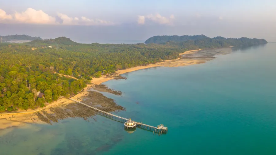 aerial view sunrise at pier of phayam temple one landmark