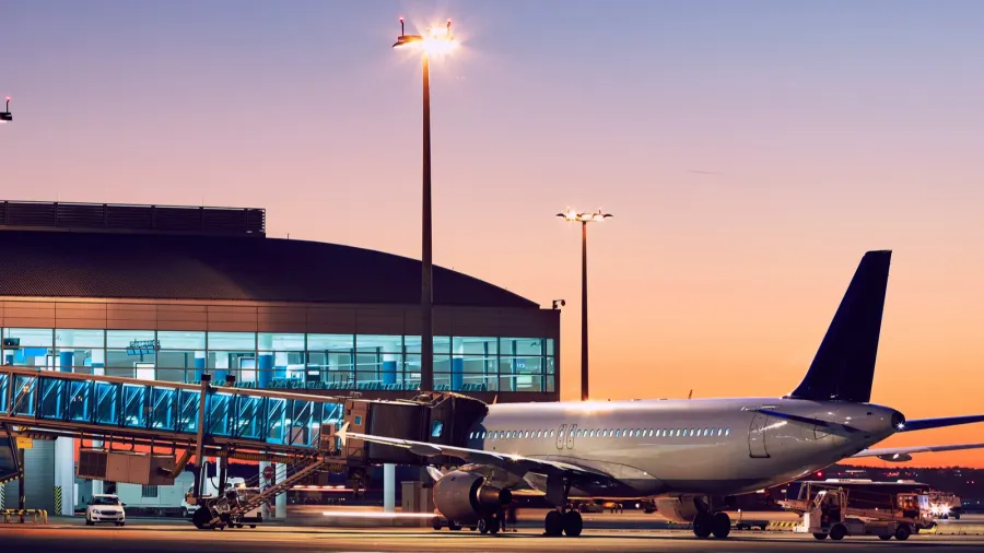 airport at the colorful sunset