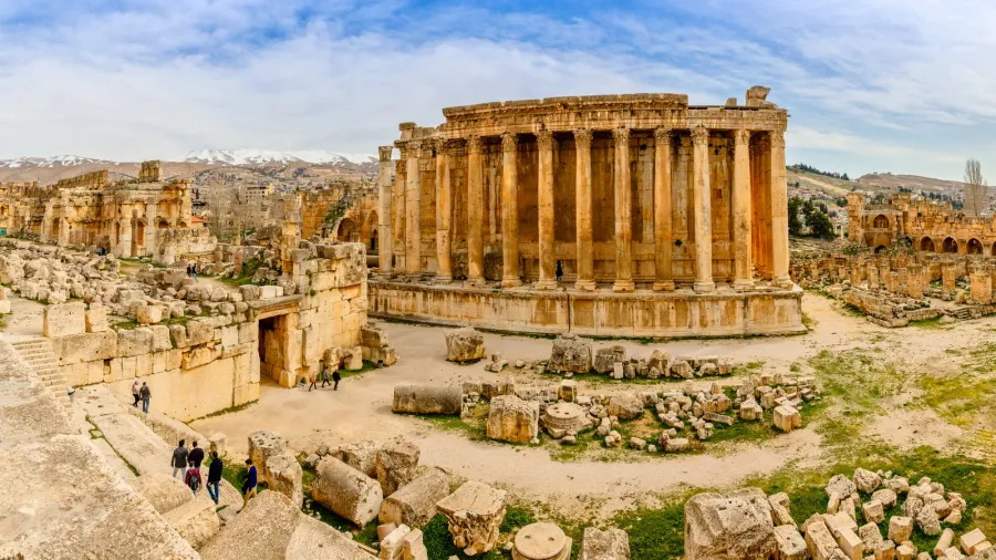 ancient roman temple of bacchus panorama with surrounding ruins