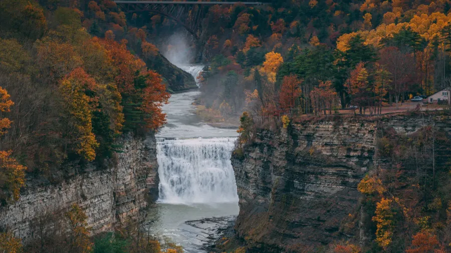 autumn view of the genesee river and middle falls from