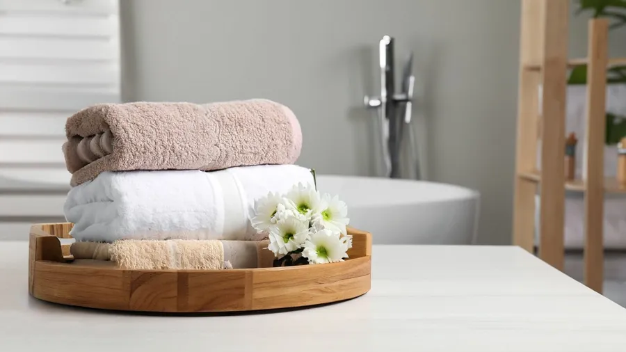 A stack of neatly folded towels on a wooden tray accompanied by white flowers in a modern bathroom.