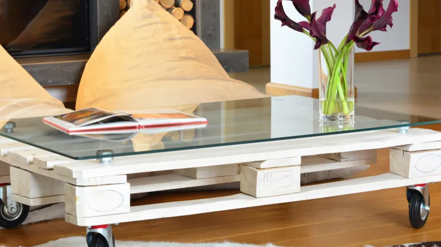 bean bags and pallet coffee table in modern living room