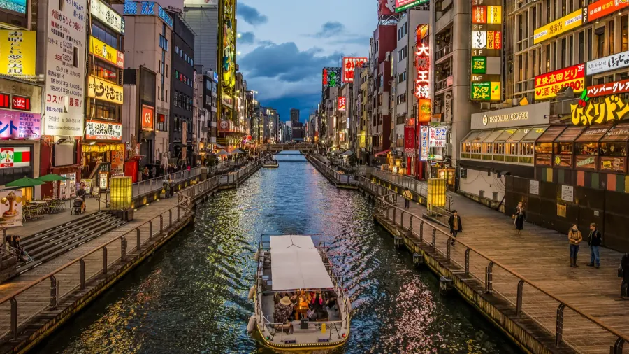 beautiful dusk light and neon lighting on a canal in