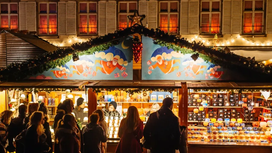 busy christmas market christkindlmarkt in the city of strasbourg