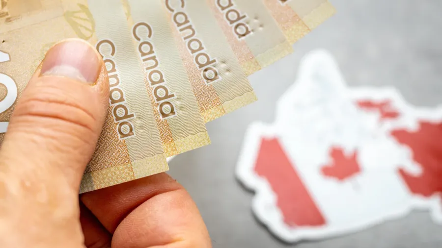 canada money and national emblem gray background copy space flat