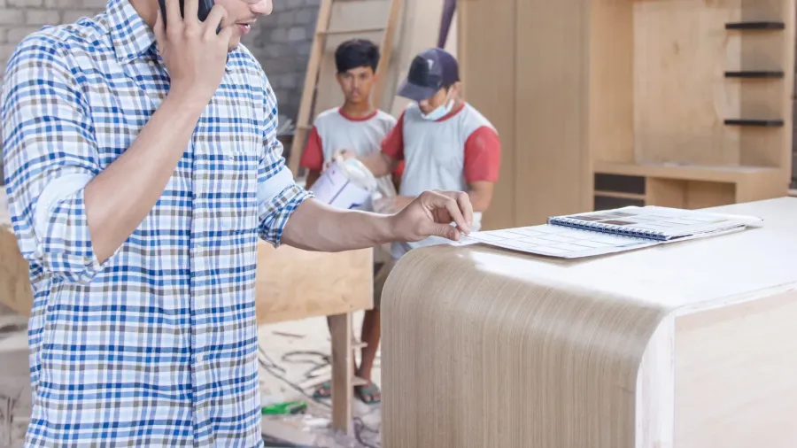 carpenter talking on the phone with his client while looking
