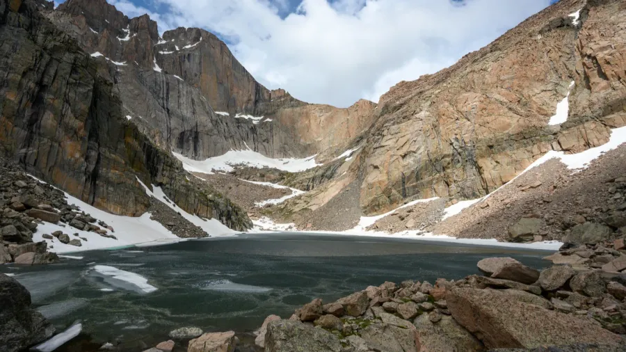 chasm lake below longs peak in summer