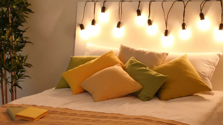 comfortable double bed in modern stylish interior at nightime