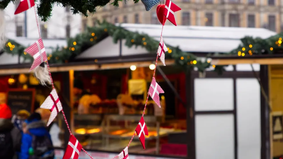 danish small flags hanging from as ornament in a christmas