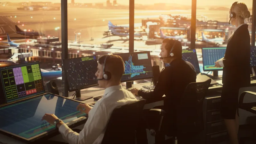 diverse air traffic control team working in a modern airport