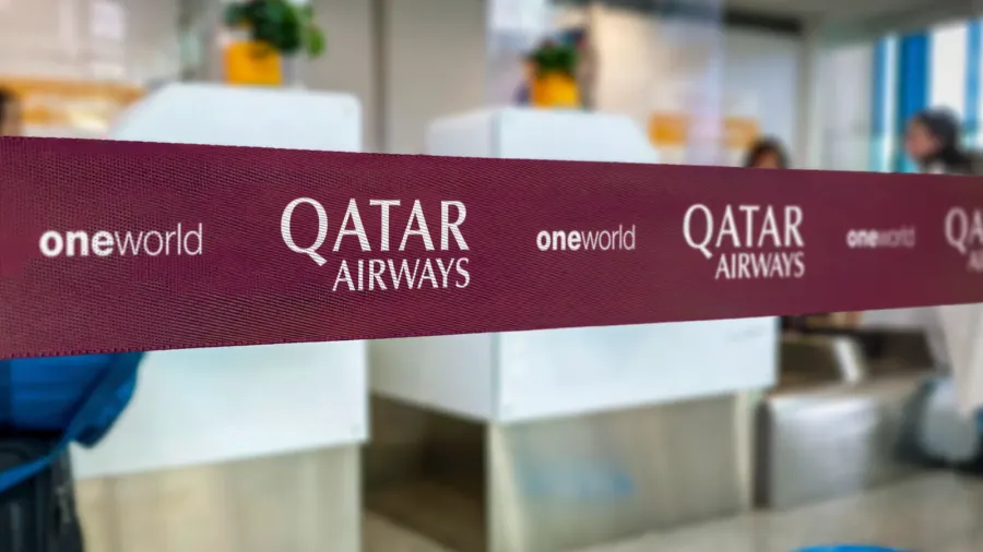 doha qa may 22 2022 closeup of qatar airways branded