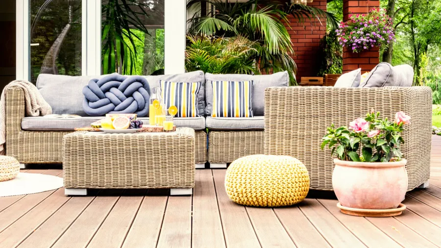 garden table with fruits and fresh orange juice standing on