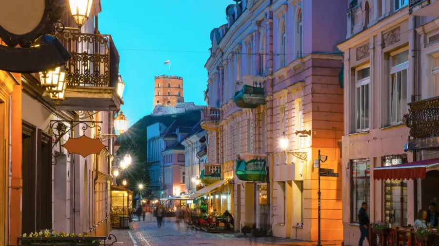 gediminas tower viewed from pilies street in late evening