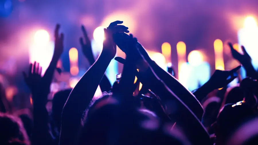happy cheering crowd with hands in air at music festival