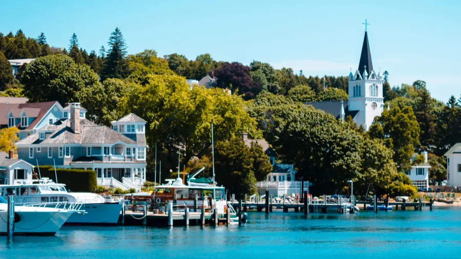 harbor view of mackinac island from lake huron