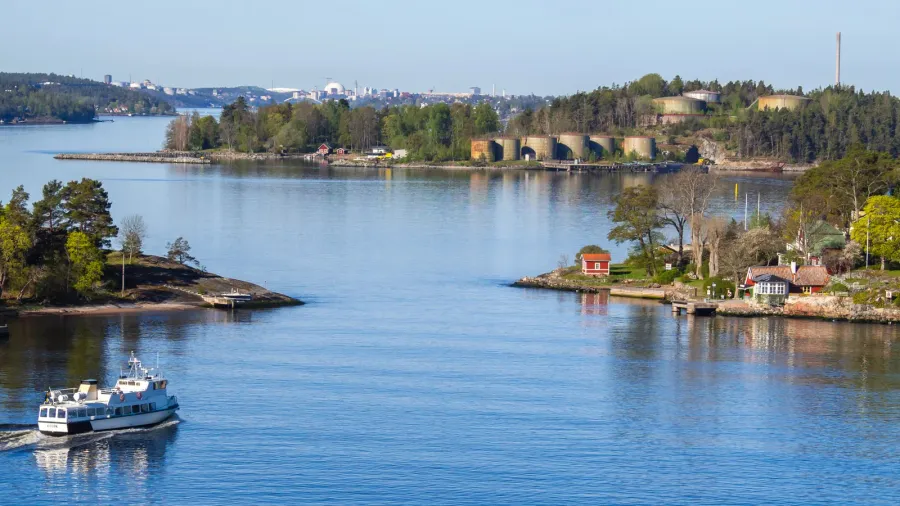 high angle view of a small ferry boat sailing through