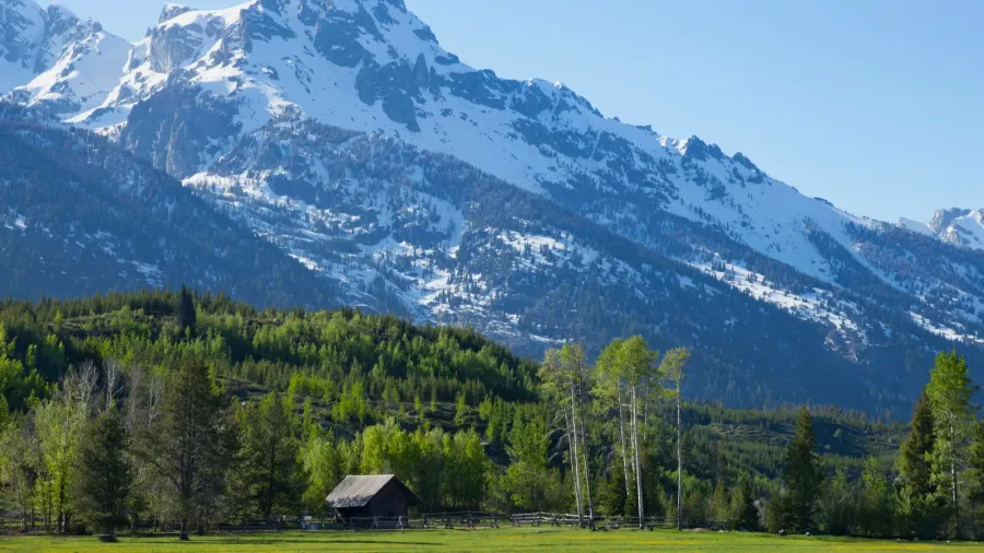 horse ranch barn below the grand teton mountains of wyoming