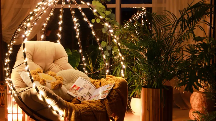 indoor terrace interior with comfortable hanging chair and houseplants