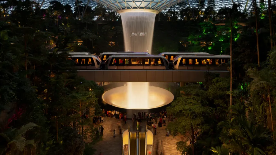 indoor waterfall at jewel changi airport at night