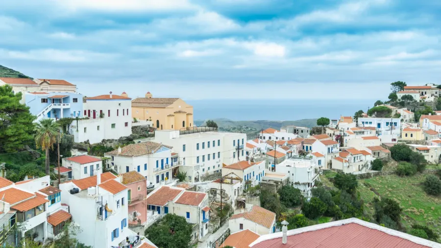 Kea island Cyclades Greece, buildings and nature background.
