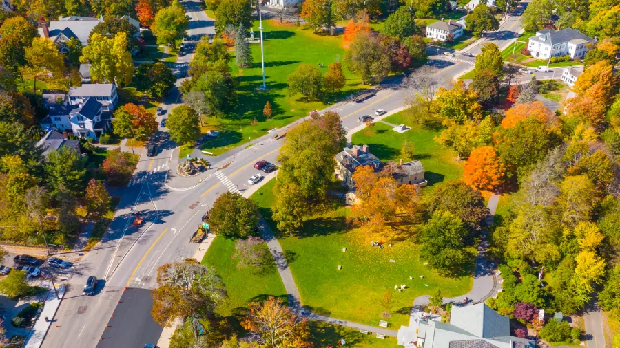 lexington town center aerial view in fall including visitor center