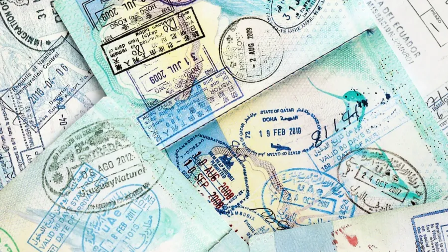 many open passport pages with lots of visas and entrance